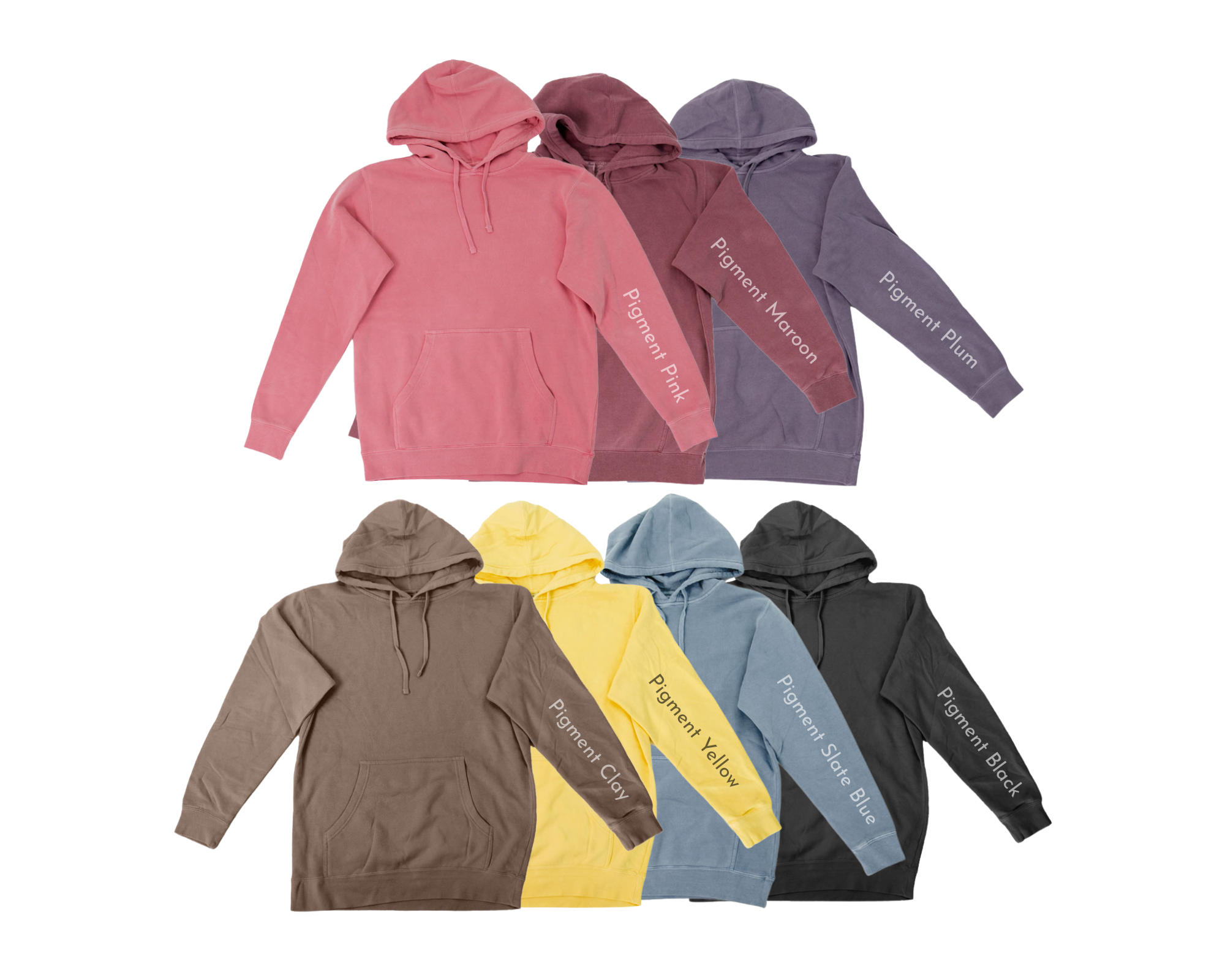 Lineup of adult vintage pigment-dyed hoodies in seven colors: Pigment Pink, Pigment Maroon, Pigment Plum, Pigment Clay, Pigment Yellow, Pigment Slate Blue, and Pigment Black. Hoodies arranged side-by-side to show front view and sleeve color labels.