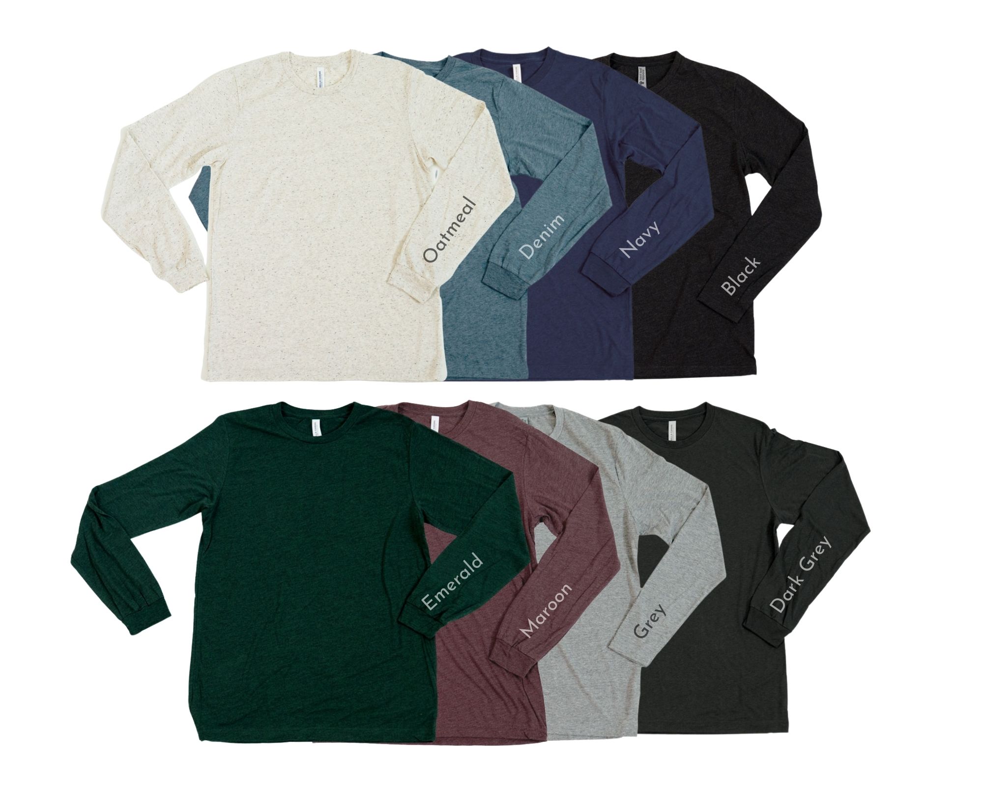 CauseTeam, Super soft long-sleeve tees arranged in two rows showing available colors: Oatmeal, Denim, Navy, Black on the top row, and Emerald, Maroon, Grey, and Dark Grey on the bottom row. Tees are laid flat with sleeve color labels.