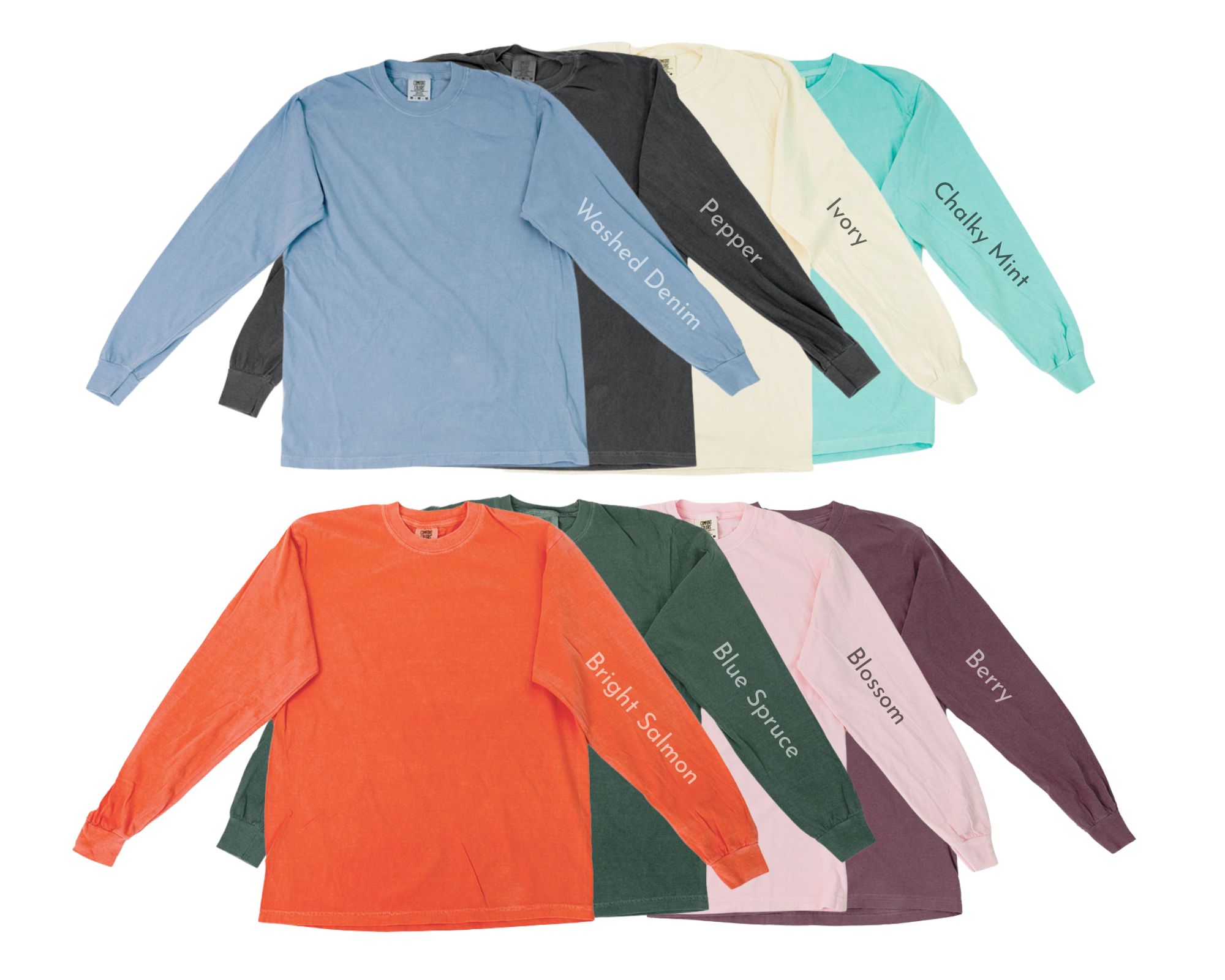 CausePage in-house super soft unisex t-shirt styles shown in multiple long sleeve comfort colors for fundraising apparel.