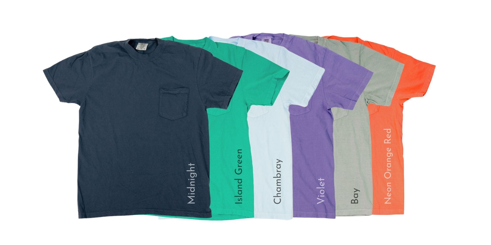 CauseTeam, Comfort Colors short-sleeve pocket tees displayed in a row in multiple colors: Midnight, Island Green, Chambray, Violet, Bay, and Neon Orange Red. Shirts are stacked slightly overlapping to show full color range.