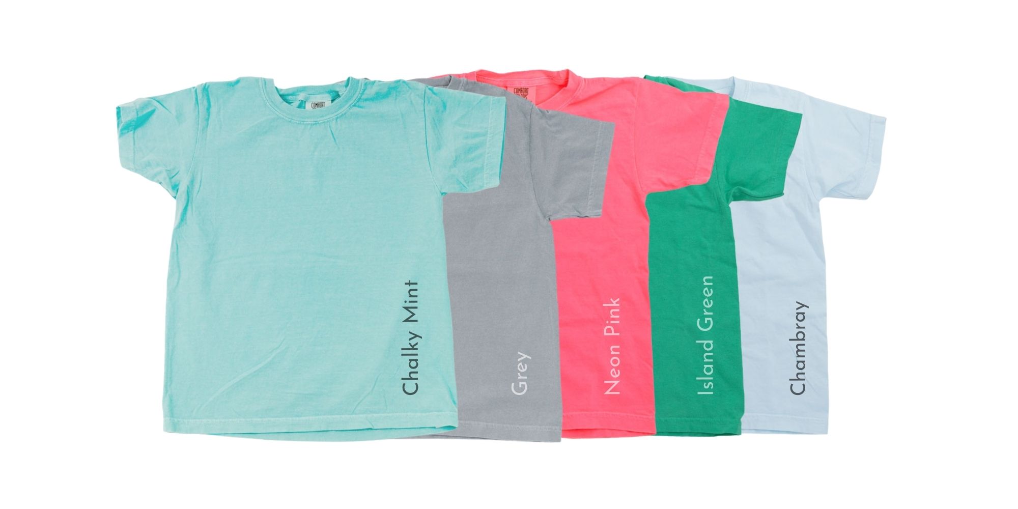 CausePage in-house kids Comfort Colors t-shirt styles shown in chalky mint, grey, neon pink, island green, and chambray color options for youth fundraising apparel.