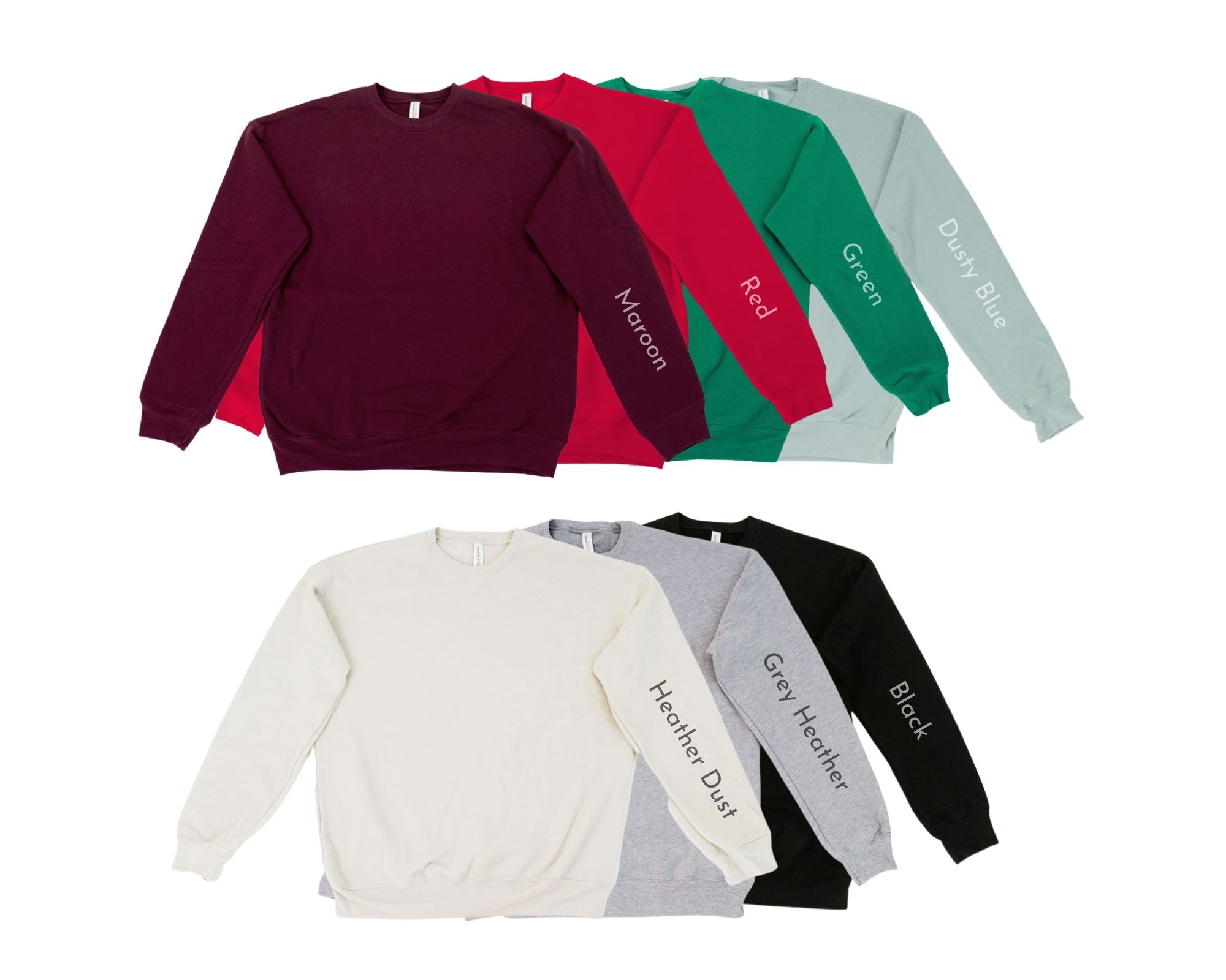 CausePage in-house super soft unisex crewneck sweatshirt styles shown in multiple solid and heather color options for fundraising apparel.