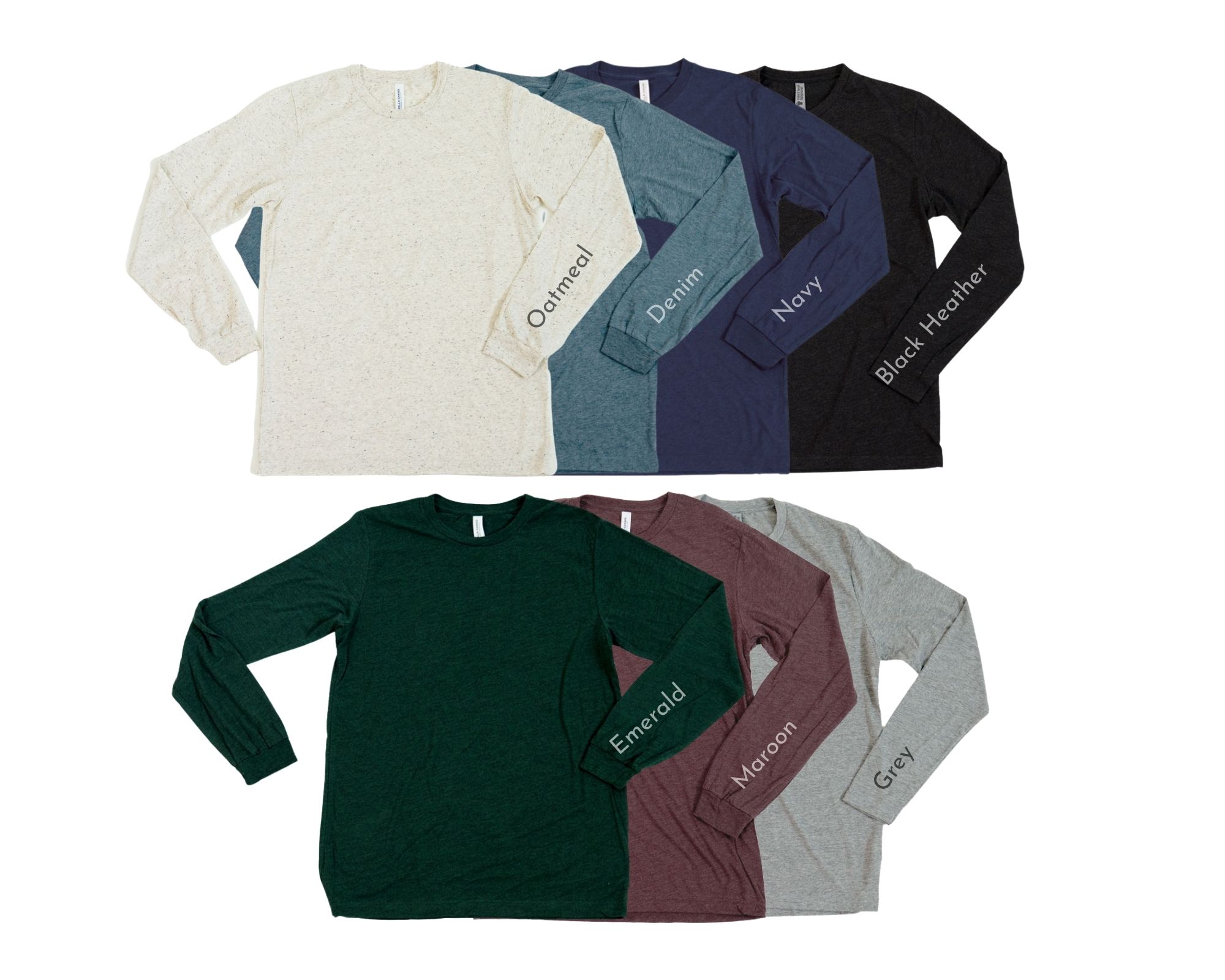CauseTeam, Super soft long-sleeve tees arranged in two rows showing available colors: Oatmeal, Denim, Navy, Black on the top row, and Emerald, Maroon, Grey, and Dark Grey on the bottom row. Tees are laid flat with sleeve color labels.