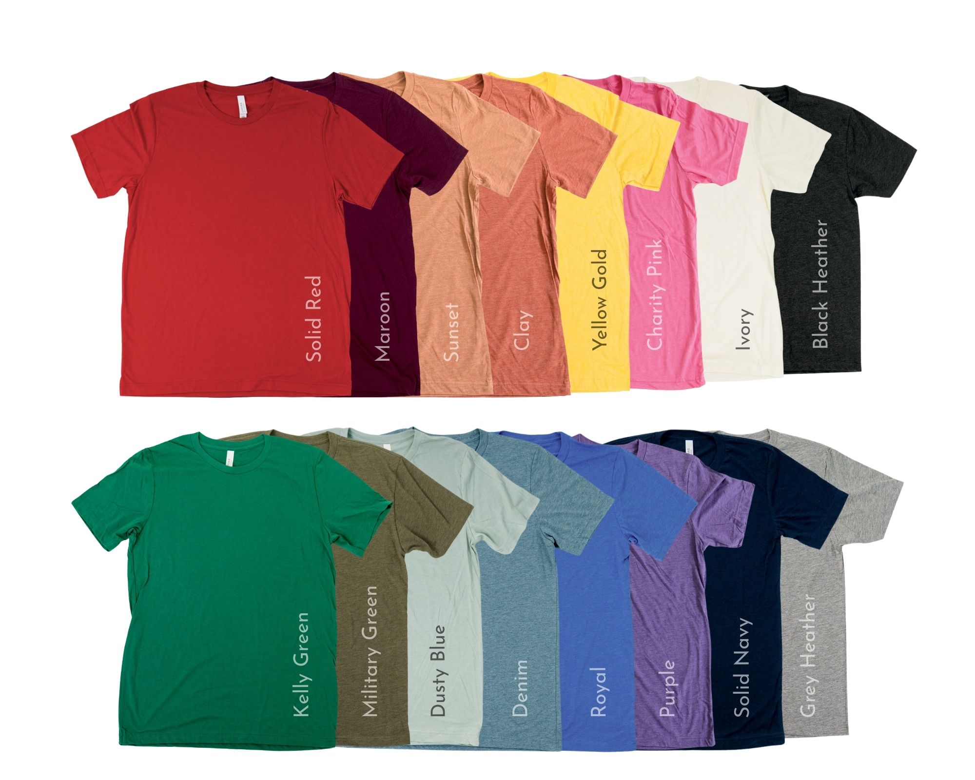 CausePage in-house super soft unisex t-shirt styles shown in multiple solid and heather color options for fundraising apparel.