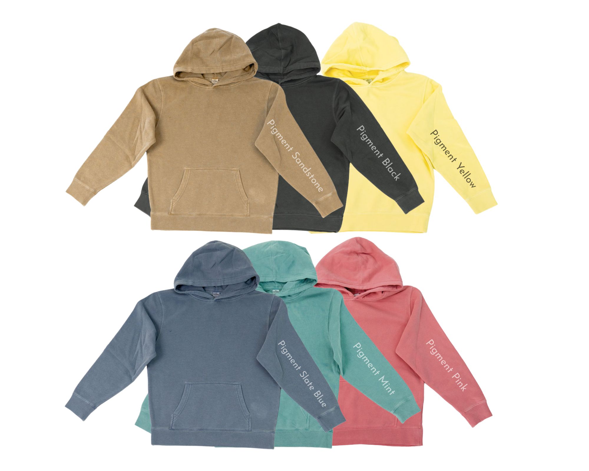 Lineup of youth vintage pigment-dyed hoodies in assorted colors: Pigment Clay, Pigment Black, Pigment Yellow, Pigment Slate Blue, Pigment Mint, and Pigment Pink. Hoodies displayed side-by-side with sleeve color labels.