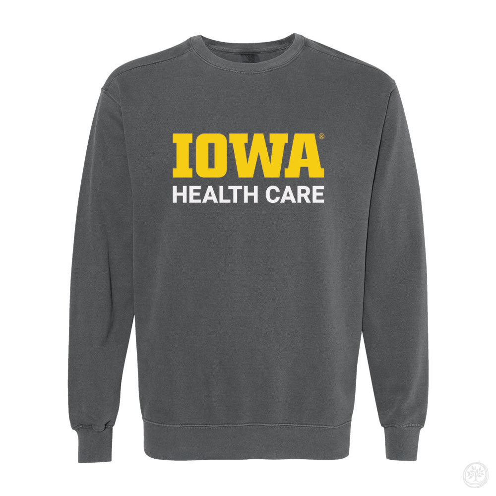 Charcoal gray crewneck sweatshirt with bold yellow and white text on the front that reads ‘Iowa Health Care.