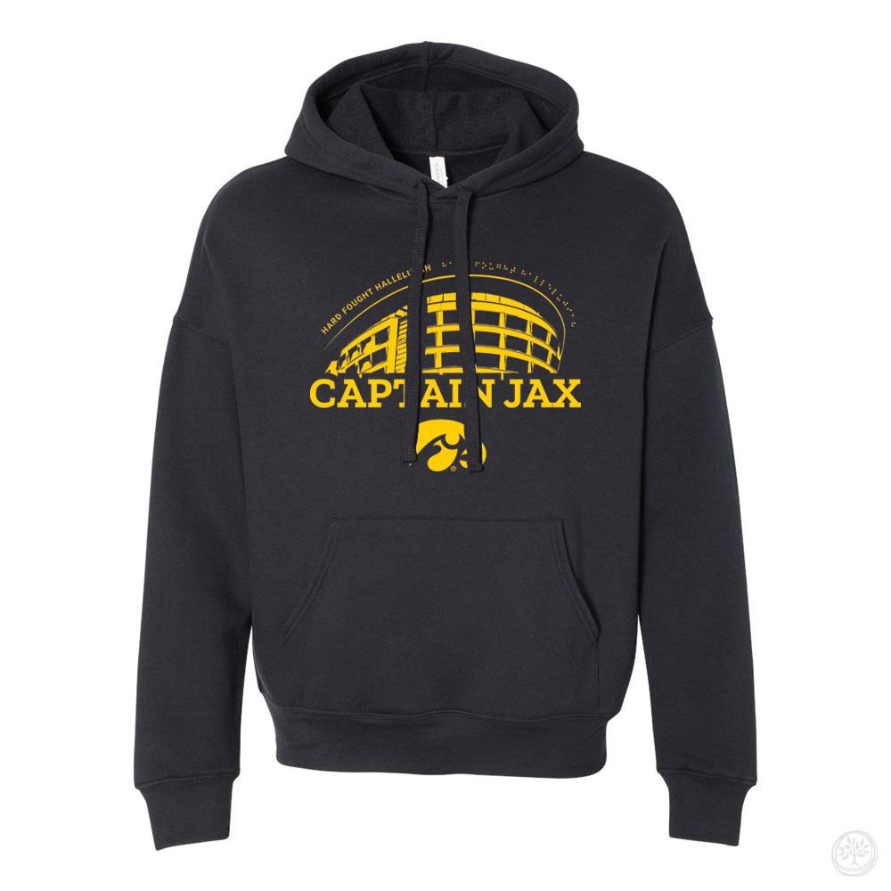 Black hoodie featuring a bold yellow ‘Captain Jax’ design with Kinnick Stadium graphic, the phrase ‘Hard Fought Hallelujah,’ and the Iowa Hawkeyes logo.