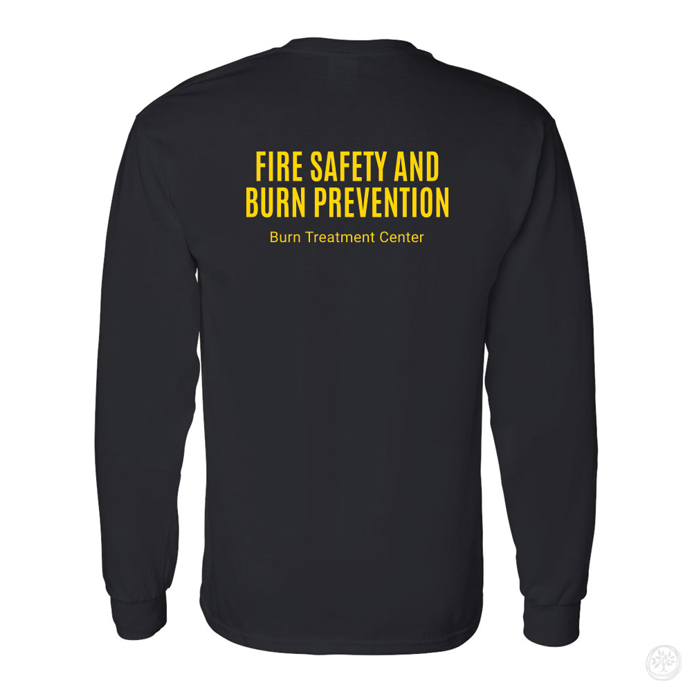 Back view of a black long-sleeve t-shirt with bold yellow text reading ‘Fire Safety and Burn Prevention’ and smaller text below that says ‘Burn Treatment Center.’