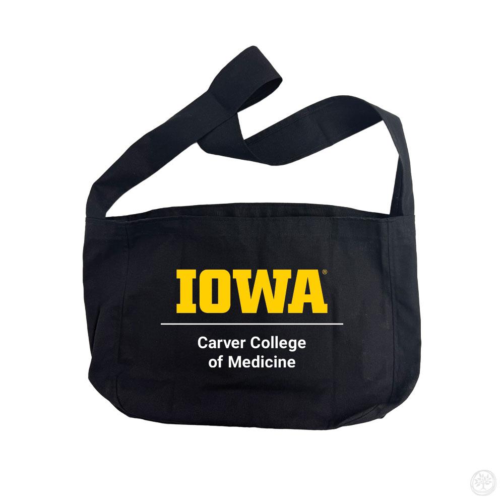 Black shoulder bag with yellow and white text on the front that reads ‘Iowa Carver College of Medicine.’