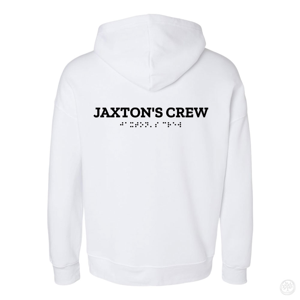 Back view of a black hoodie with bold yellow text reading ‘Jaxton’s Crew,’ with matching Braille text printed below.