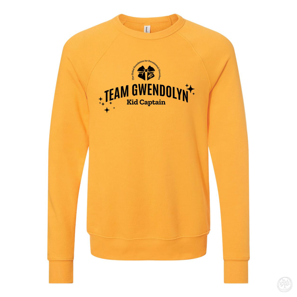 Black crewneck sweatshirt with yellow text reading ‘Team Gwendolyn Kid Captain’ and a circular logo above, accented with small yellow stars.