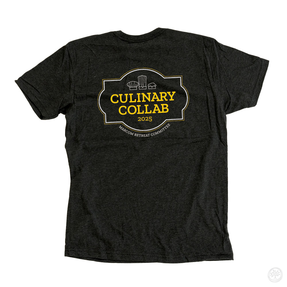 Black custom t-shirt with a yellow and white back design reading “Culinary Collab 2025” with chef hat graphics above the text and “Marcom Retreat Committee” below. Created as a special event tee for a culinary retreat collaboration.