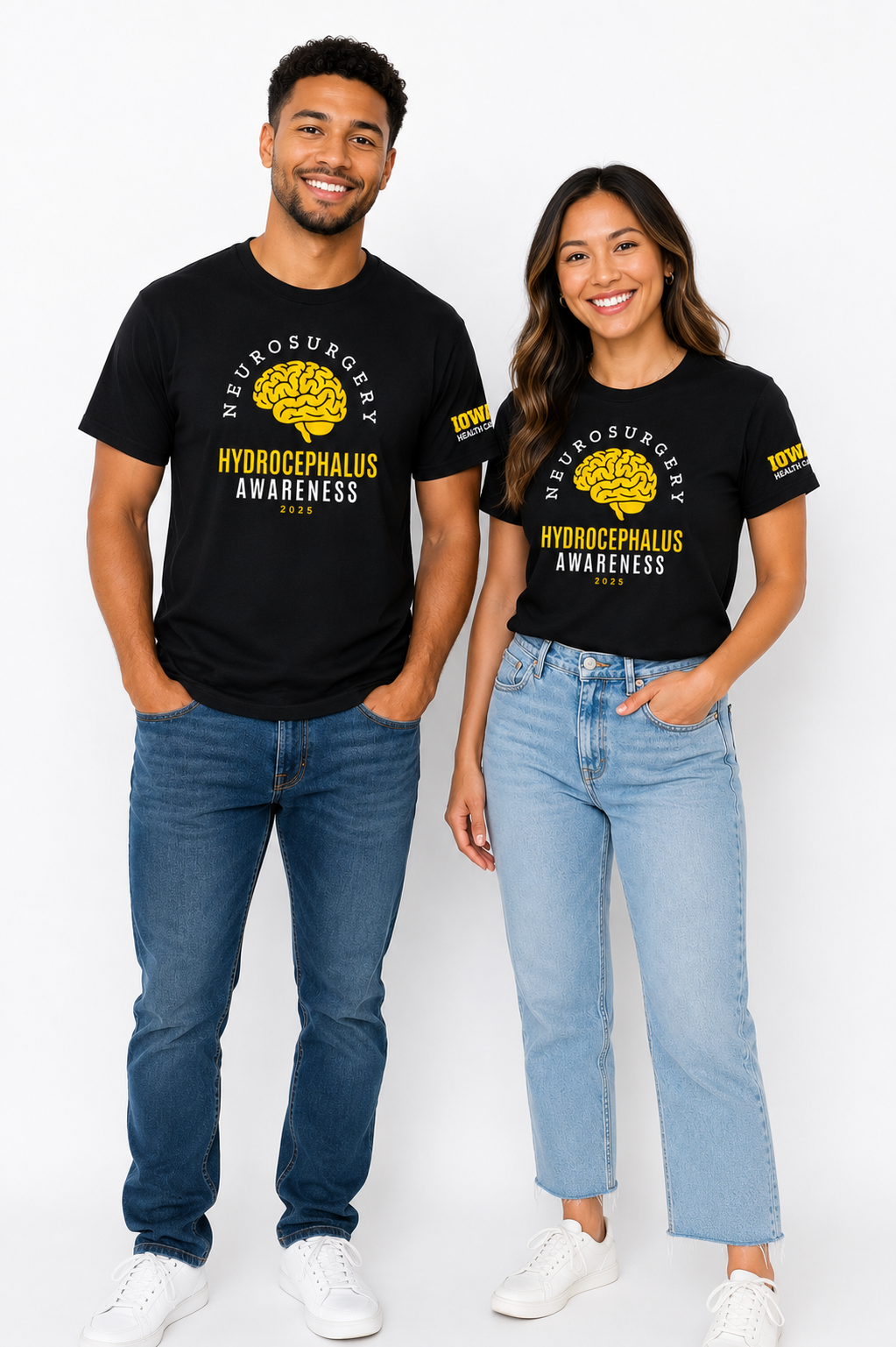 Two adults wearing custom University of Iowa Hydrocephalus Awareness t-shirts created by licensed apparel vendor CAUSETEAM.